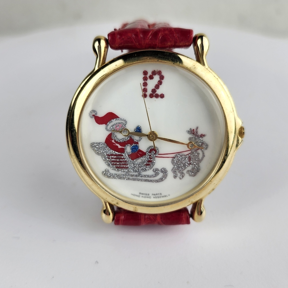 Vintage Gold Santa Sleigh ride,  reindeer Watch with Red Band